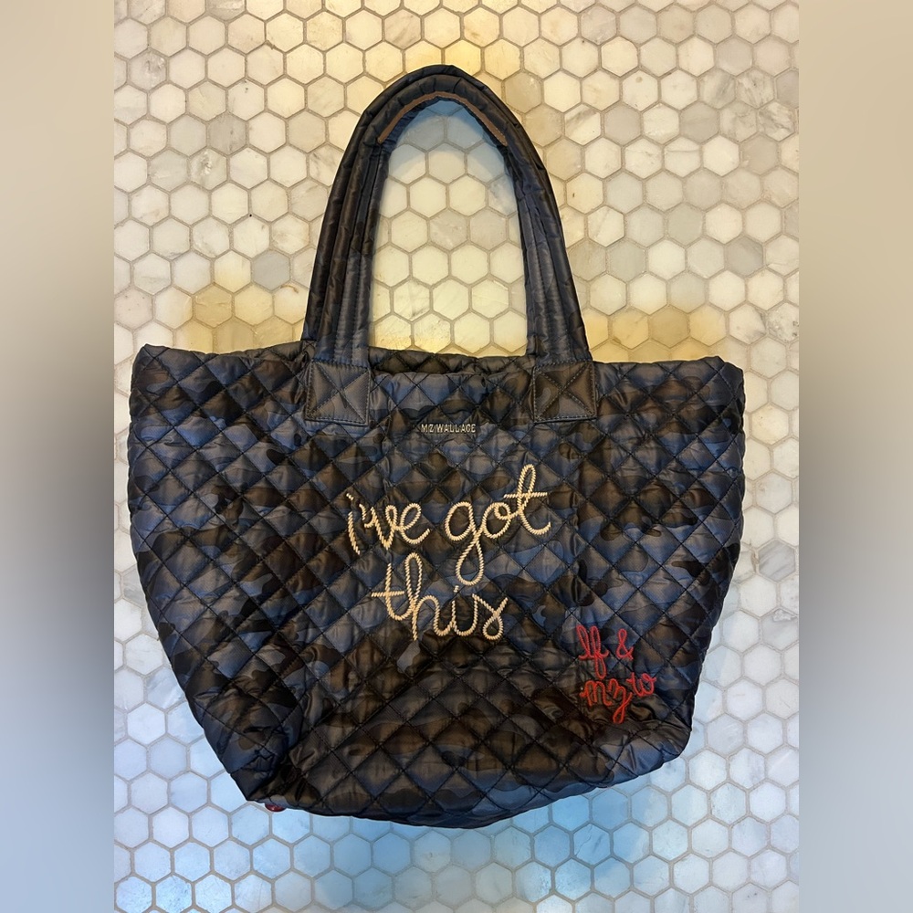 MZ Wallace Lingua Franca Blue Black camo Quilted Tote